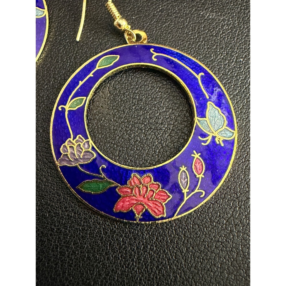 Vintage Cloisonne Lotus Earrings Guilloche Blue Gold Floral Enamel Dangle Drop - Picture 4 of 8
